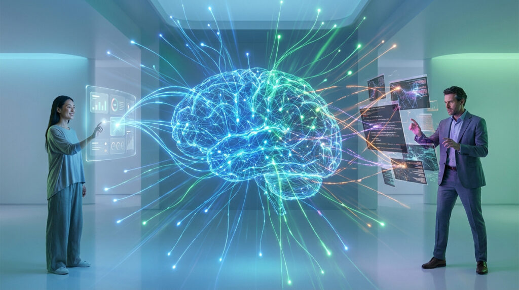 Deux personnes interagissant avec un cerveau lumineux symbolisant l'IA, entouré de flux de données et d'interfaces holographiques.