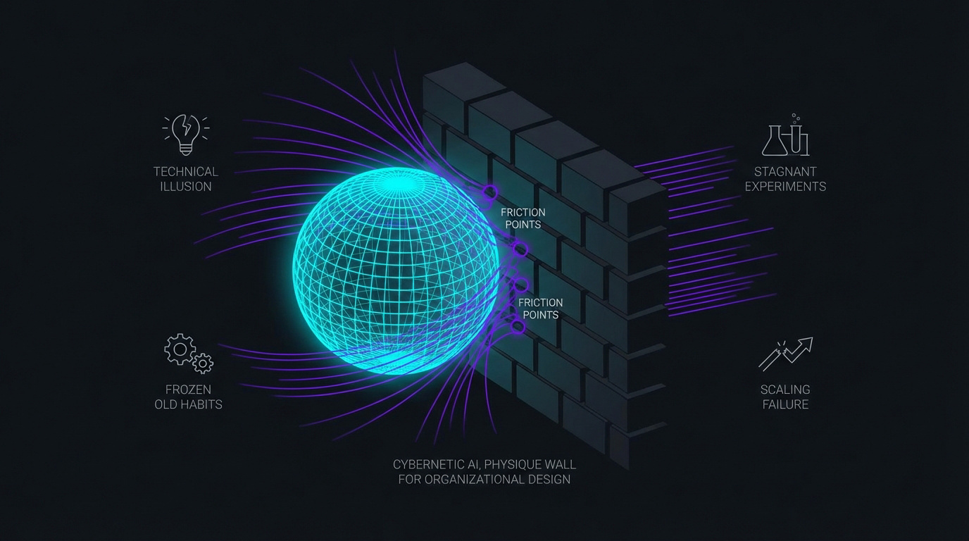 Schéma illustrant la friction entre l'implémentation technique de l'IA et le design organisationnel en entreprise
