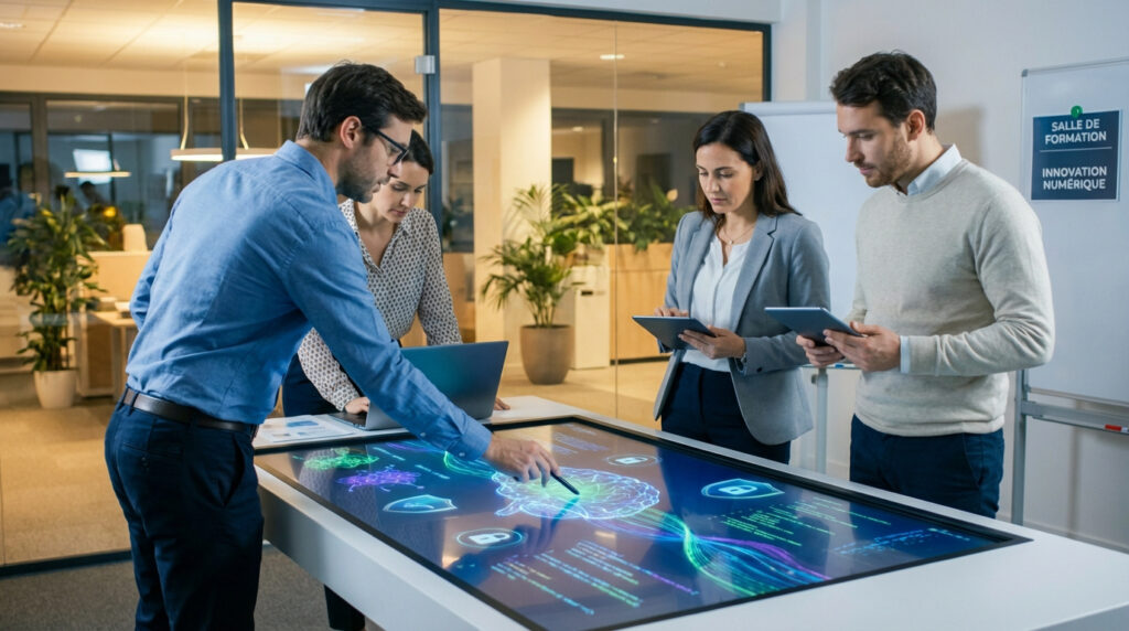 Quatre professionnels interagissent avec une table numérique affichant des données et un réseau neuronal, symbolisant la formation en IA.
