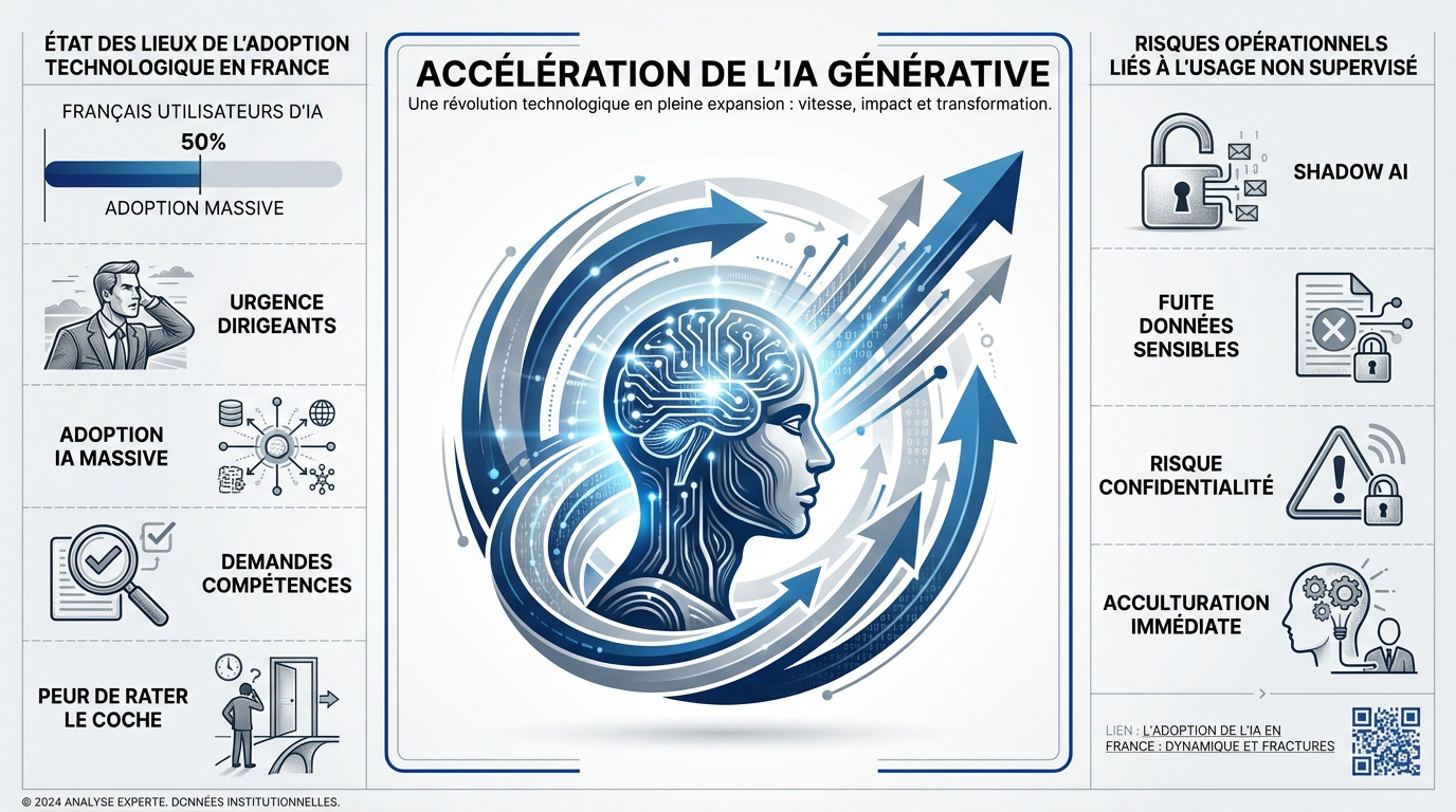 Représentation de l'accélération de l'intelligence artificielle générative et des enjeux de cybersécurité en entreprise