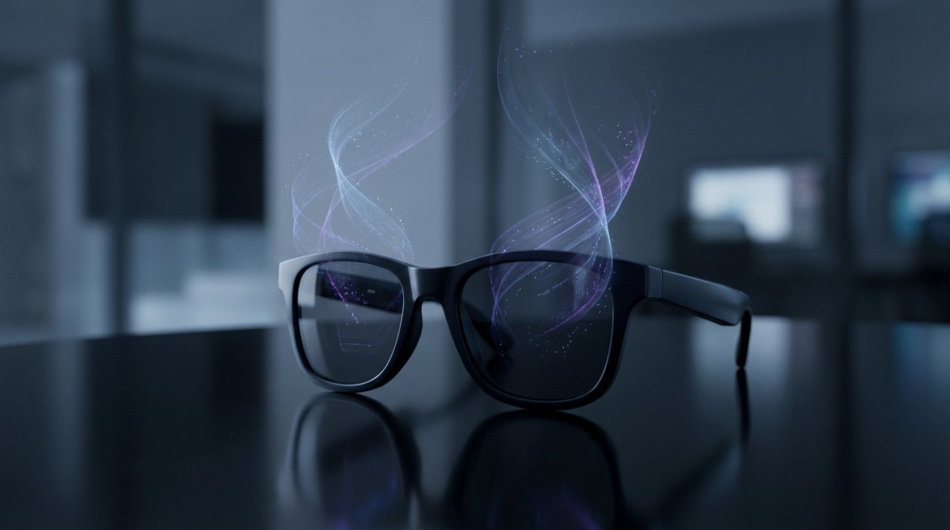 Lunettes connectées noires (type Ray-Ban Meta) sur une surface réfléchissante. Des volutes lumineuses symbolisent données ou réalité augmentée.