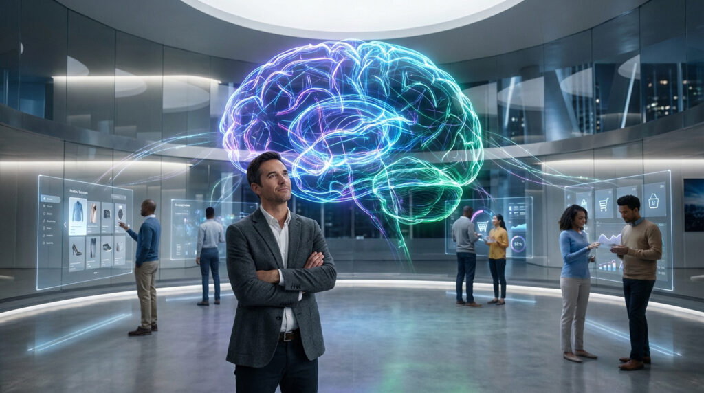 Scène futuriste avec un cerveau IA lumineux au centre, entouré de professionnels interagissant avec des écrans holographiques de marketing.