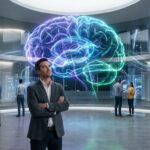 Scène futuriste avec un cerveau IA lumineux au centre, entouré de professionnels interagissant avec des écrans holographiques de marketing.