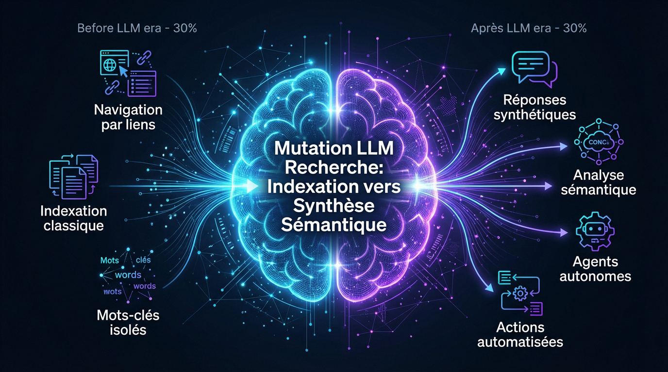 Schéma de la transition technologique entre l'indexation classique et la synthèse sémantique par intelligence artificielle