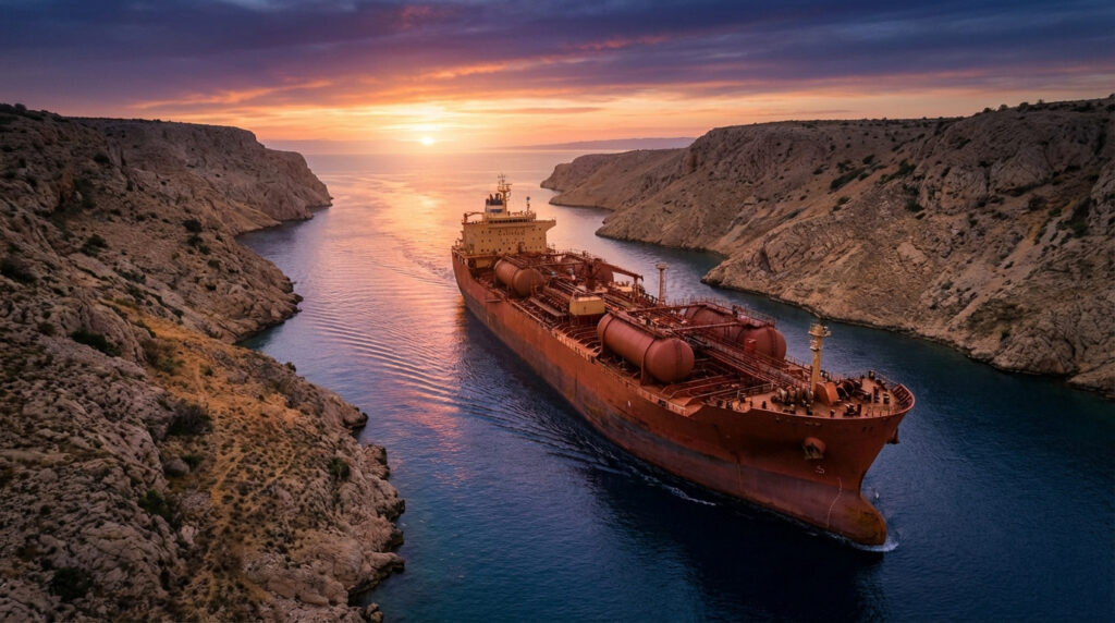 Grand pétrolier rouge naviguant dans un détroit rocheux étroit au coucher du soleil, ciel orange et violet.