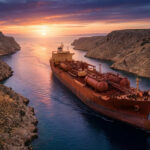 Grand pétrolier rouge naviguant dans un détroit rocheux étroit au coucher du soleil, ciel orange et violet.