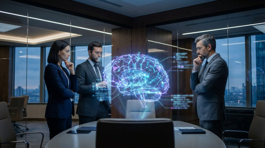 Trois professionnels dans une salle de réunion moderne, examinant un cerveau holographique symbolisant l'IA, avec vue sur la ville.