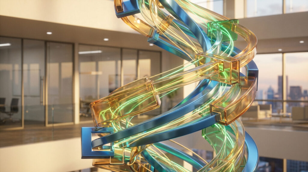 Structure hélicoïdale futuriste bleue et ambrée avec flux énergétiques verts, devant un bureau moderne et skyline. Représente l'innovation CVC.