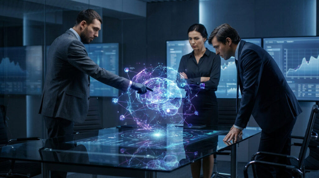 Trois professionnels en réunion autour d'une table avec projection holographique d'un cerveau IA, symbolisant la gouvernance technologique.