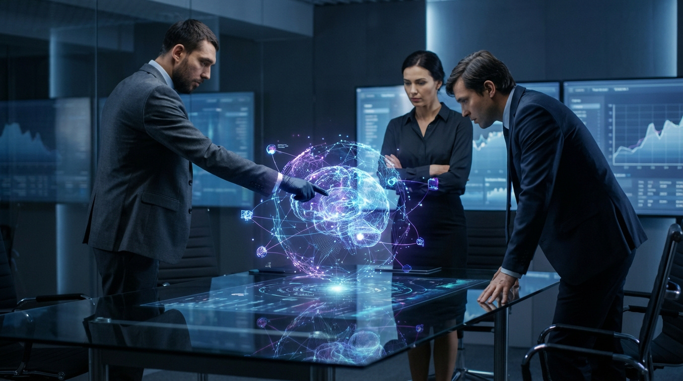 Trois professionnels en réunion autour d'une table avec projection holographique d'un cerveau IA, symbolisant la gouvernance technologique.