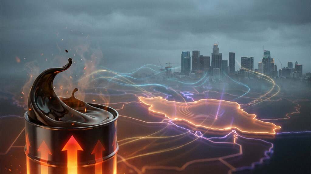 Un baril de pétrole en feu avec éclaboussures devant une carte lumineuse de l'Iran et des gratte-ciel américains sous un ciel orageux.