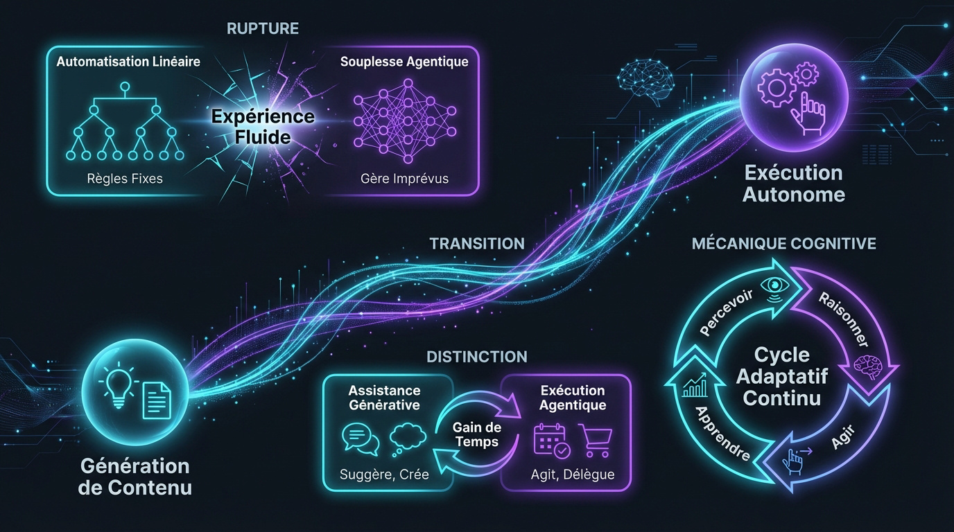 Schéma illustrant le passage de la génération de contenu par l'IA vers l'autonomie opérationnelle des agents intelligents