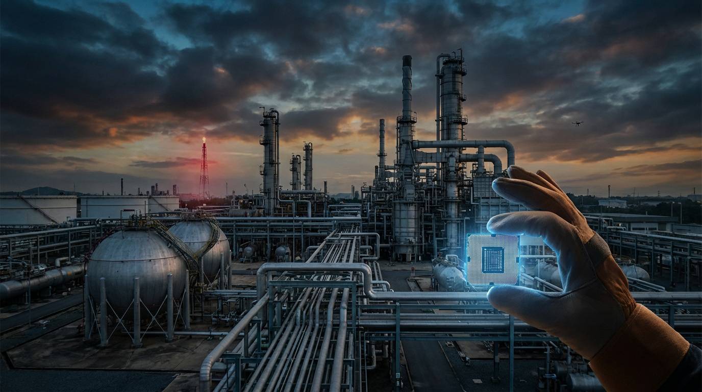 Main gantée tenant une puce lumineuse devant une usine chimique au coucher du soleil avec un drone.