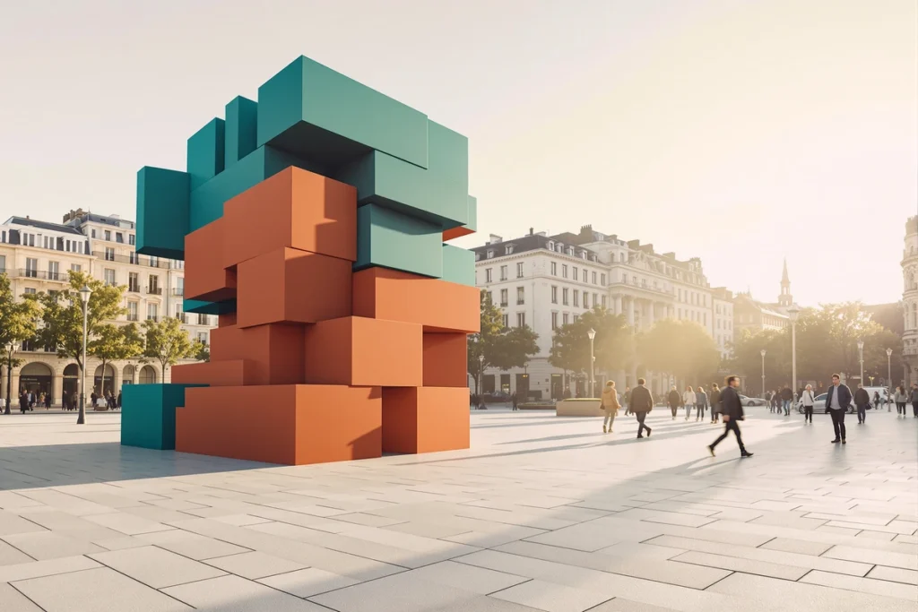 Installation événementielle géométrique sur une place urbaine, illustrant une opération de marketing alternatif sur le terrain