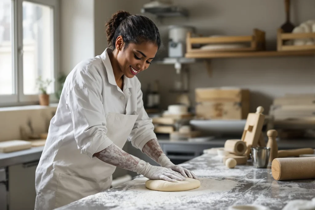 Apprenti boulanger façonnant de la pâte dans un fournil au petit matin, illustrant la revalorisation du salaire minimum