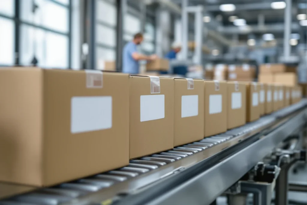Cartons étiquetés sur un convoyeur dans une zone de préparation de commandes