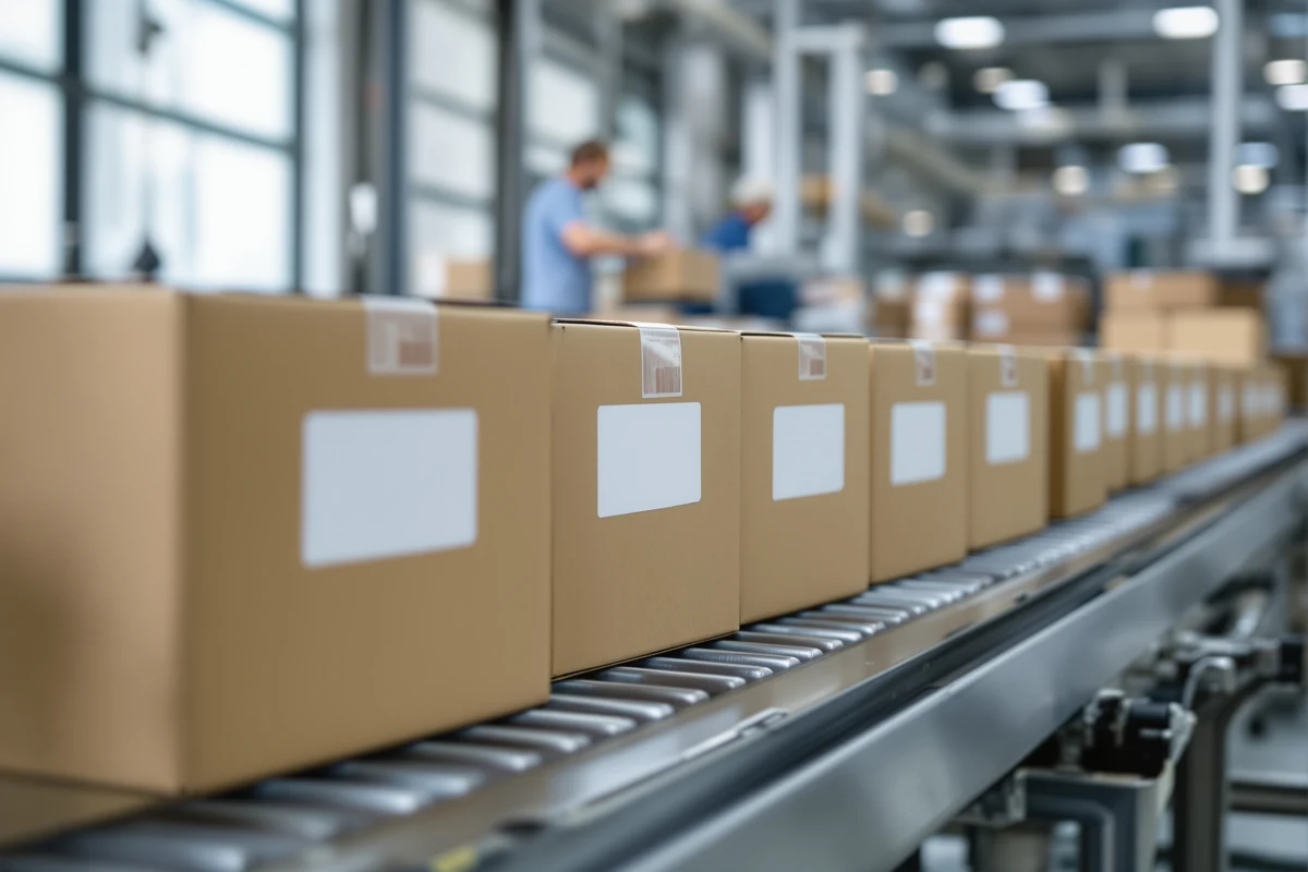 Cartons étiquetés sur un convoyeur dans une zone de préparation de commandes